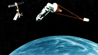 An artist's concept of a Space Laser Satellite Defense System.