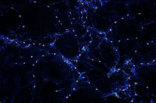 This artist's impression shows schematically the mysterious alignments between the spin axes of quasars and the large-scale structures that they inhabit that observations with ESO’s Very Large Telescope have revealed. These alignments are over billions of light-years and are the largest known in the Universe. The large-scale structure is shown in blue and quasars are marked in white with the rotation axes of their black holes indicated with a line. This picture is for illustration only and does not depict the real distribution of galaxies and quasars.